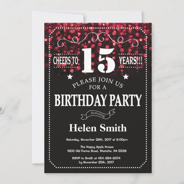 Red Glitter 15th Birthday Invitation (Front)