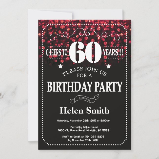 Red Glitter 60th Birthday Invitation (Front)