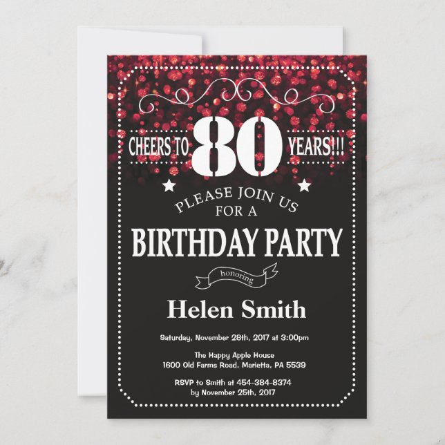 Red Glitter 80th Birthday Invitation (Front)
