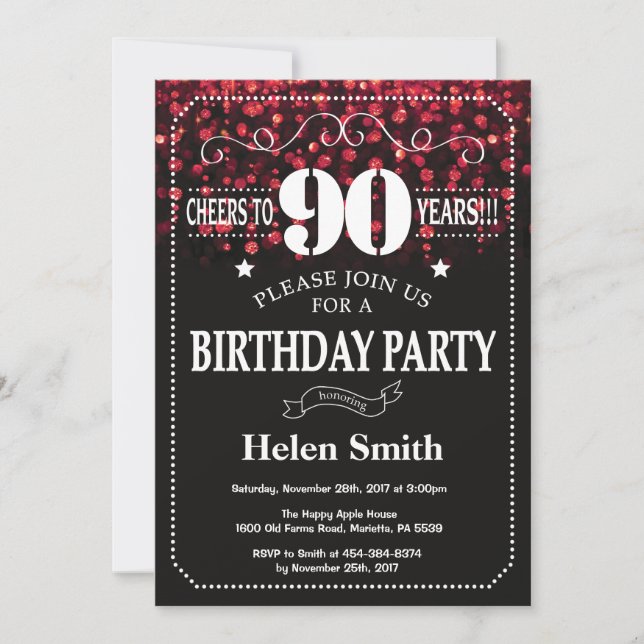 Red Glitter 90th Birthday Invitation (Front)