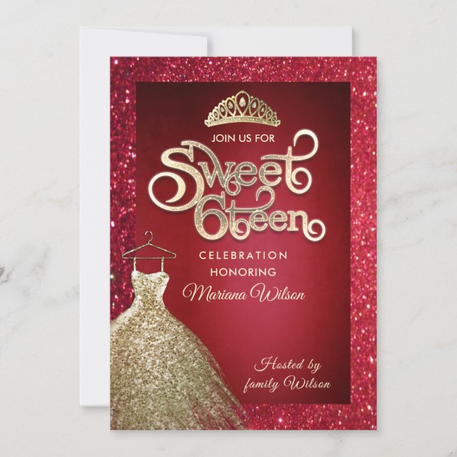 Red glitter adorable dress tiara Gold typography  Invitation (Front)