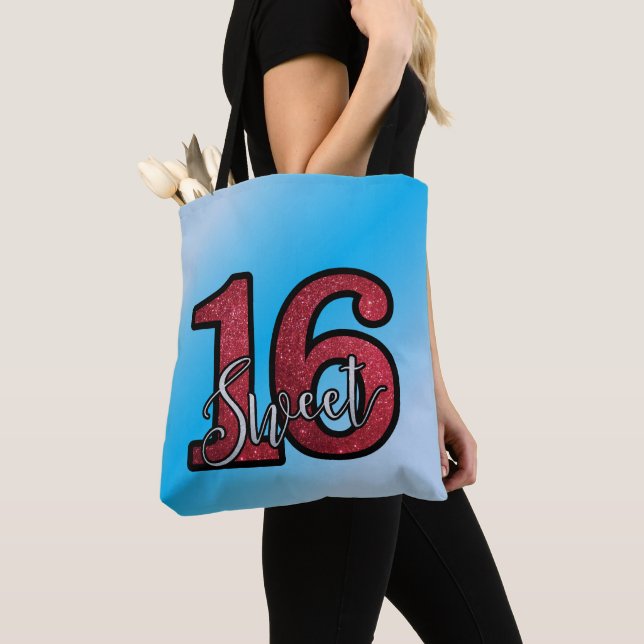 Red Glitter And Blue Gradient Background Tote Bag (Close Up)