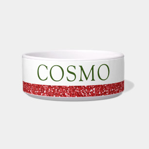 Red Glitter and Green Modern Christmas Name Pet Bowl