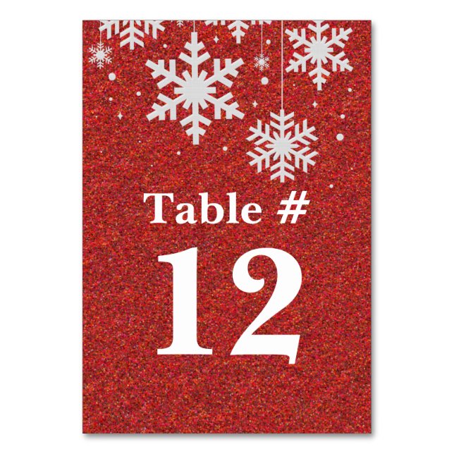 Red Glitter and Snowflakes Holiday Table Number (Front)