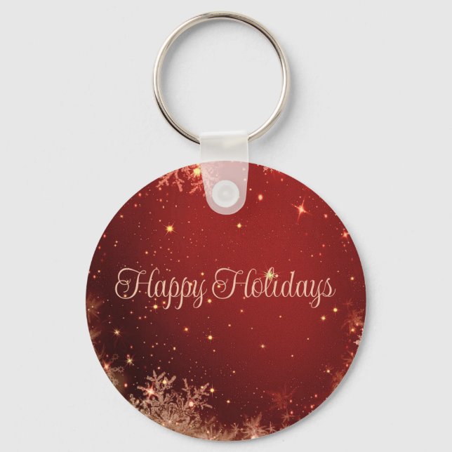  Red Glitter Background With Snowflakes Key Ring (Front)
