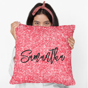 Red Glitter Black Brush Script Cushion