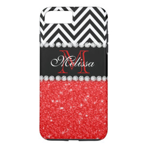 RED GLITTER BLACK CHEVRON STRIPES MONOGRAM iPhone 8 PLUS/7 PLUS CASE