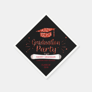 Red Glitter Black Graduation Cap Party Napkin