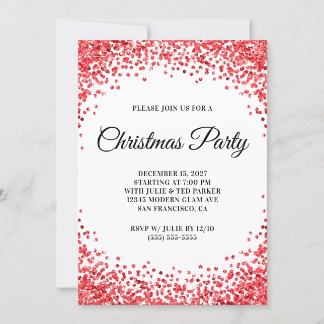 Red Glitter Border White Christmas Party Invitation (Front)