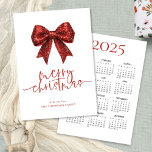 Red Glitter Bow 2025 Calendar Merry Christmas Holiday Card<br><div class="desc">Red Faux Glitter Bow 2025 Calendar Merry Christmas. Available digitally and printed. Merry Christmas is in a set stylish script and personalise your name beneath. A handy 2025 calendar is on the back.</div>