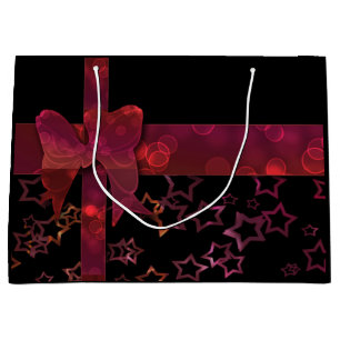 Red glitter bow and stars on black large gift bag