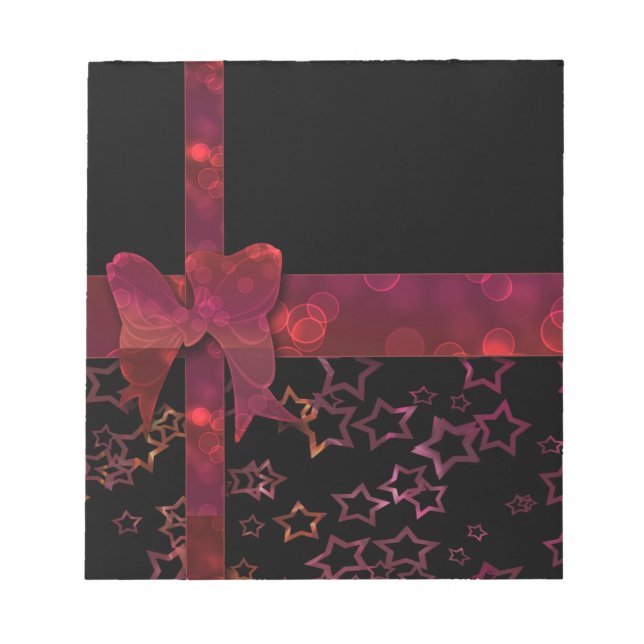 Red glitter bow and stars on black notepad (Front)