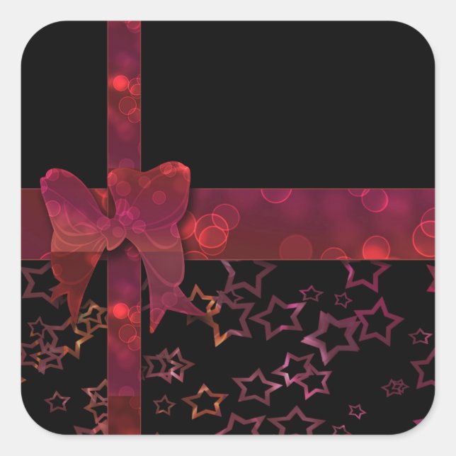 Red glitter bow and stars on black square sticker (Front)