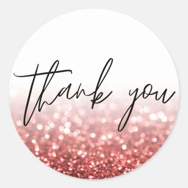 Red Glitter Calligraphy Thank You Classic Round Sticker (Front)