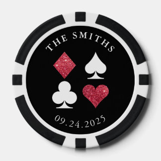 Red Glitter Card Suits Wedding Date and Name Poker Chips