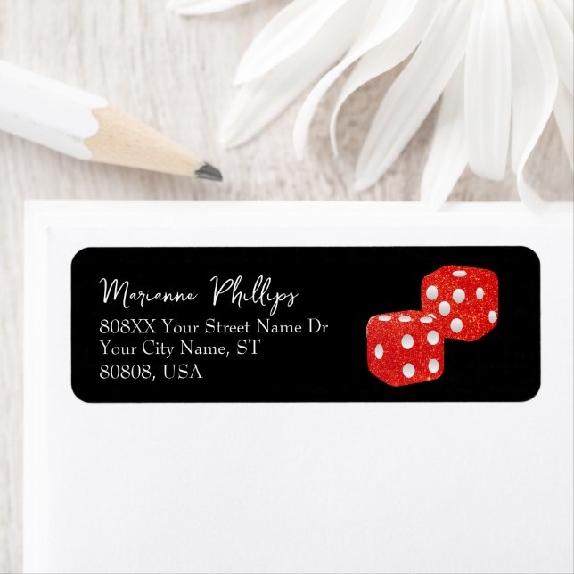 Red Glitter Casino Dice on Black Return Address Label (Insitu)