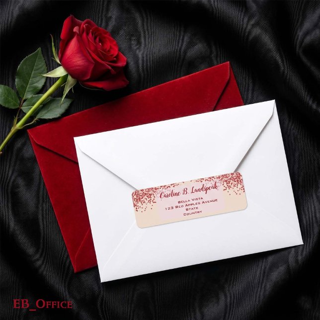 Red Glitter Champagne Elegant Return Address Label (Red Glitter Labels: 
2.25” L x 0.75” W
•	30 labels per sheet
•	Sheet: 8.5” L x 11” W



)