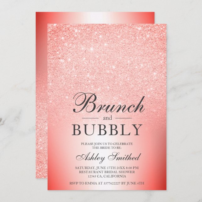 Red glitter chic brunch bubbly bridal shower invitation (Front/Back)