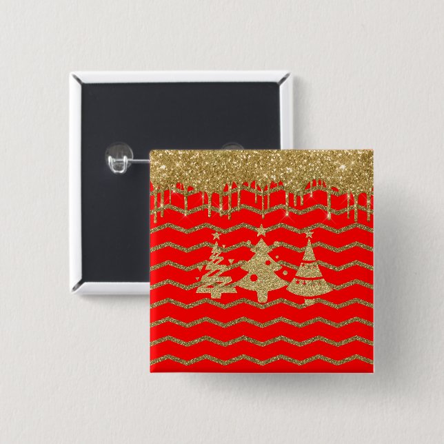 Red glitter christmas tree 15 cm square badge (Front & Back)