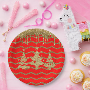 Red glitter christmas tree paper plate