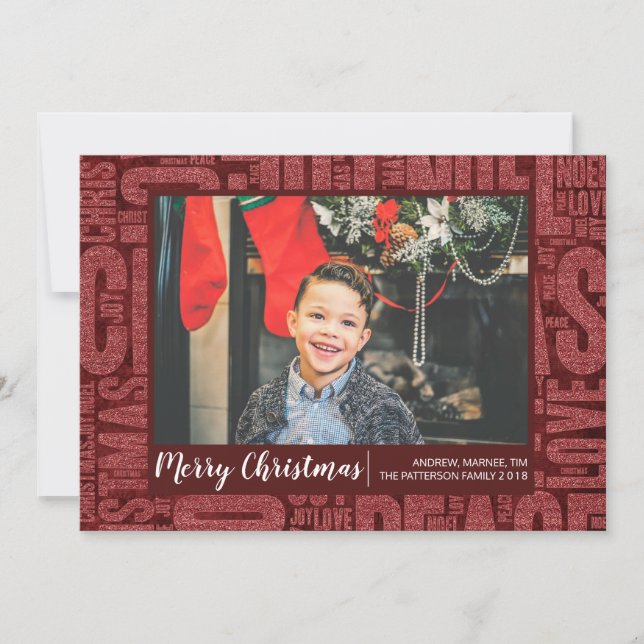 Red Glitter Christmas Words Holiday Photo Card (Front)