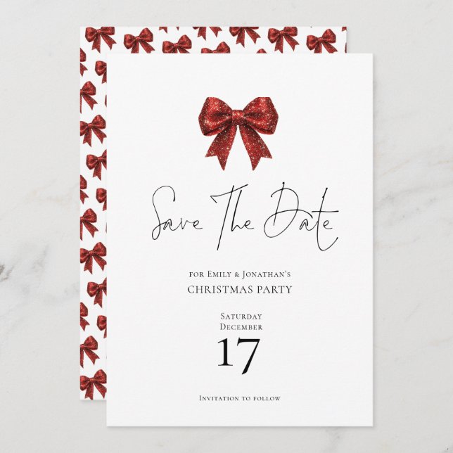 Red Glitter Coquette Bow Christmas Save the Date Invitation (Front/Back)