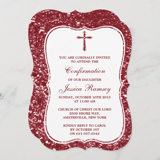 Red Glitter Cross Holy Communion Or Confirmation Invitation (Front/Back)