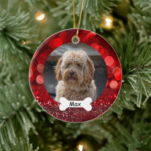 Red Glitter Custom Pet Puppy Dog Photo Ceramic Ornament (Tree)