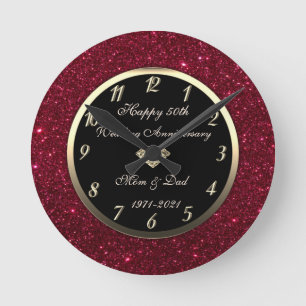 Red Glitter Diamond 50th Wedding Anniversary Round Clock