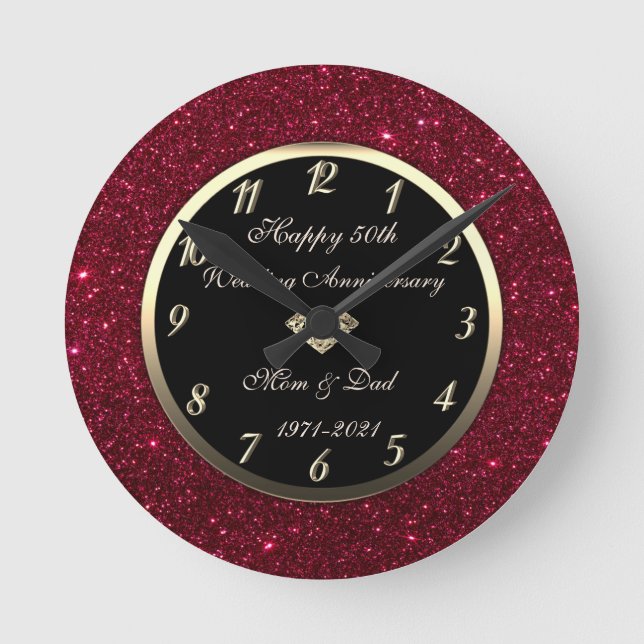 Red Glitter Diamond 50th Wedding Anniversary  Round Clock (Front)