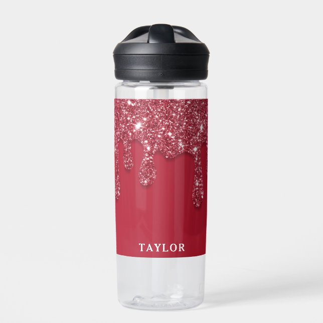 Red Glitter Drip Custom Name  Water Bottle (Front)