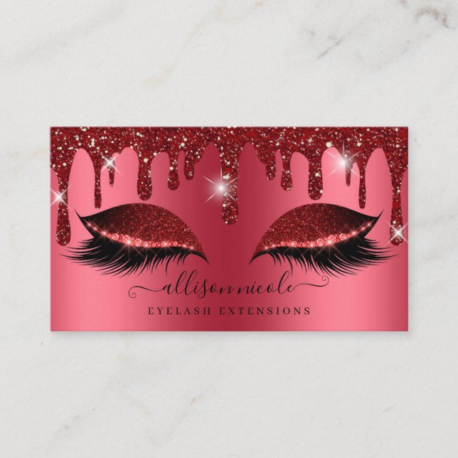Red Glitter Drip Metallic Foil Eyelash Business Card (Front)