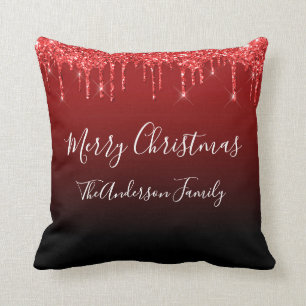 Red Glitter Dripping Monogram Merry Christmas  Cushion