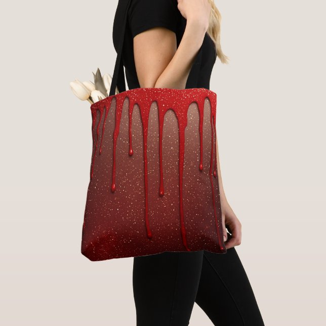 Red Glitter Dripping Tote Bag (Close Up)