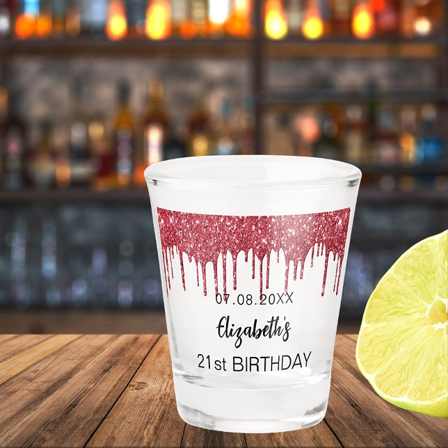 Red glitter drips name birthday party shot glass (Creator Uploaded)