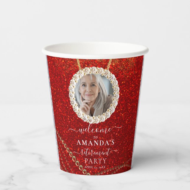 Red Glitter Elegant Custom Photo Retirement Party Paper Cups (Back)