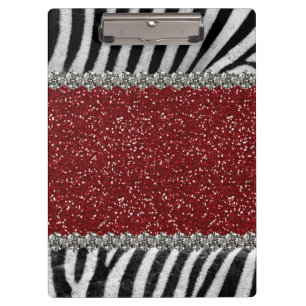 Red Glitter (Faux) Zebra Stripes Personalised Clipboard