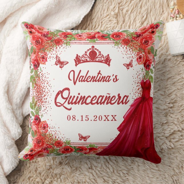 Red Glitter Floral Quinceanera Party Cushion (Blanket)