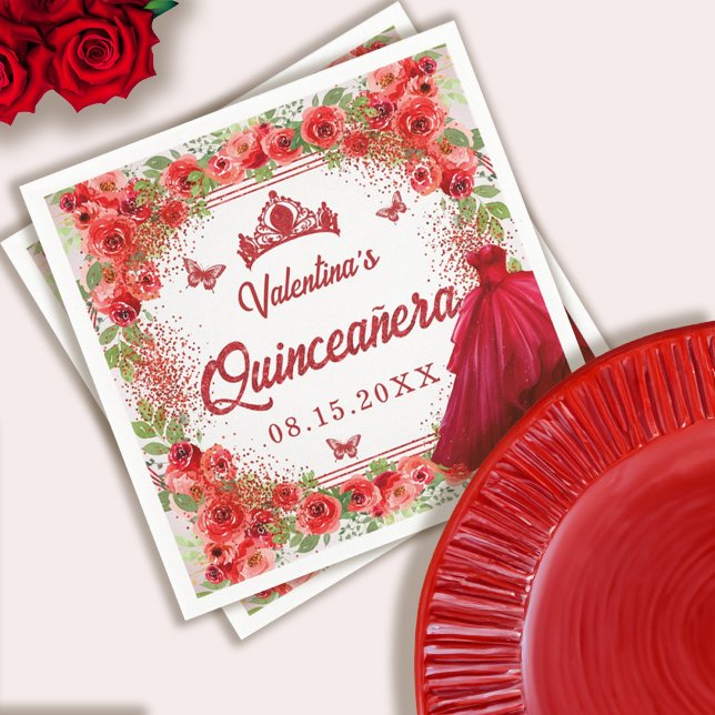 Red Glitter Floral Quinceanera Party Napkin (Red Glitter Floral Quinceanera Party Napkins)