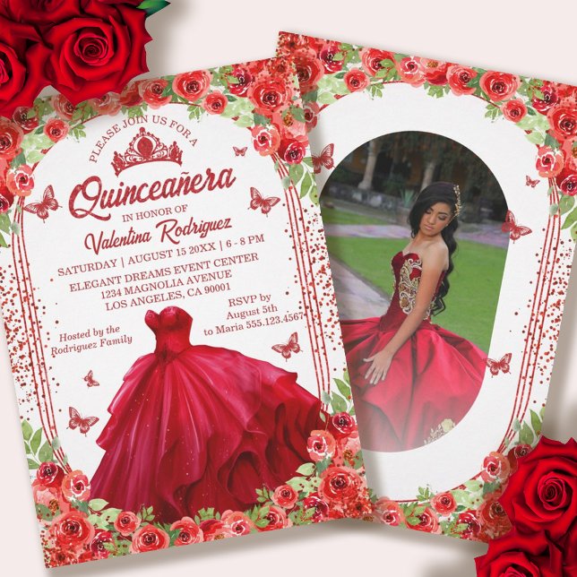 Red Glitter Floral Sparkle Quinceanera Invitation (Red Glitter Floral Sparkle Quinceanera Invitation)