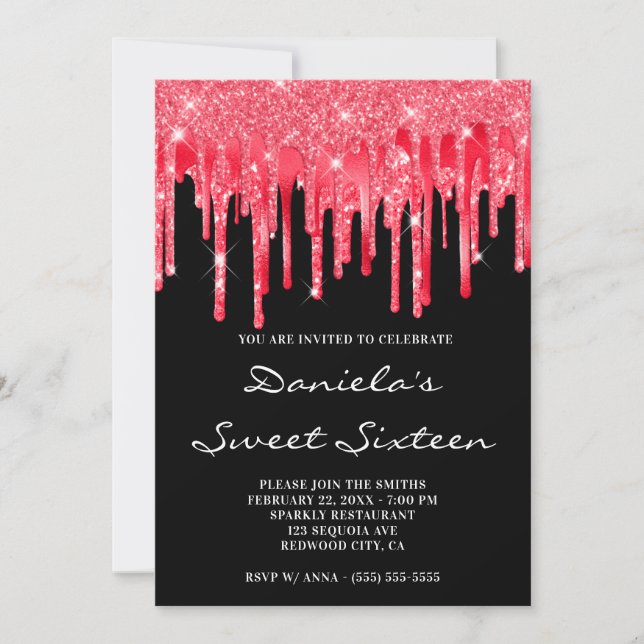 Red Glitter Foil Drips Black Sweet Sixteen Invitation (Front)