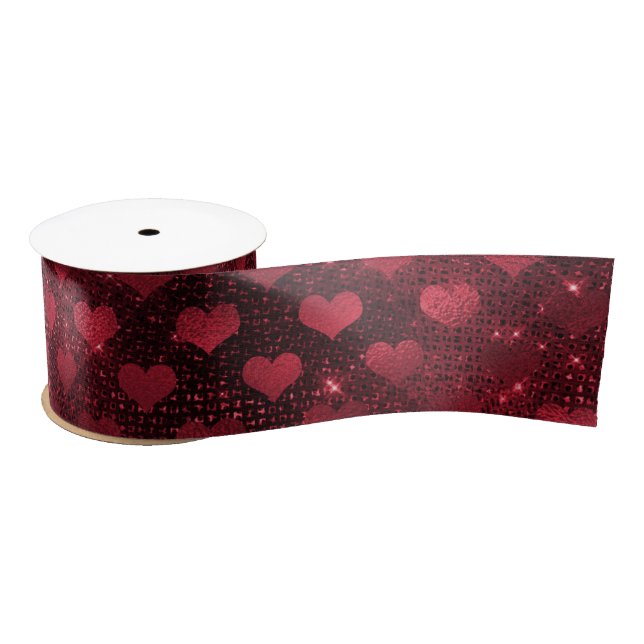Red Glitter Glam Hearts Pattern Satin Ribbon (Spool)