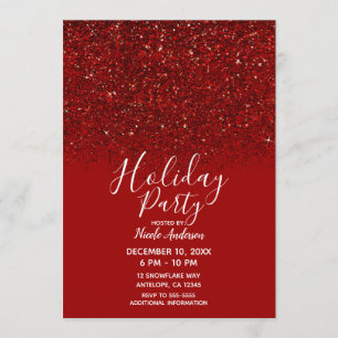 Red Glitter Glam Sparkle Elegant Holiday Party Invitation