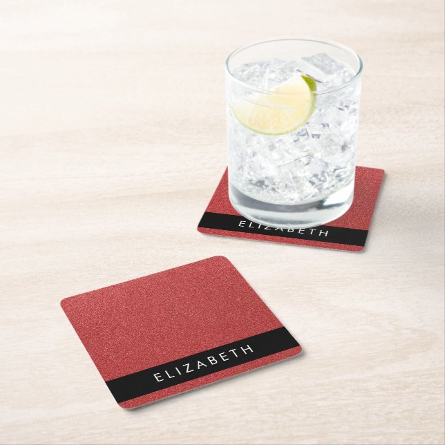 Red Glitter, Glitter Background, Your Name Square Paper Coaster (Insitu)