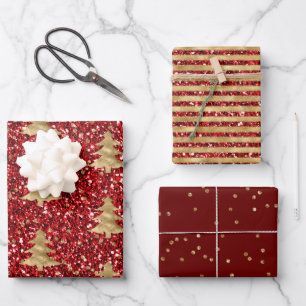 Red Glitter Glitzy Gold Christmas Trees    Wrapping Paper Sheet