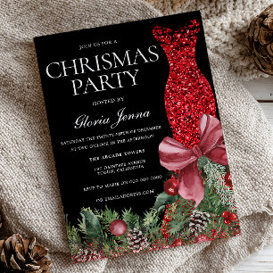 Red Glitter Gown Festive Christmas Party Invitation