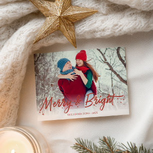 Red Glitter Handwritten Photo Merry And Bright Postcard
