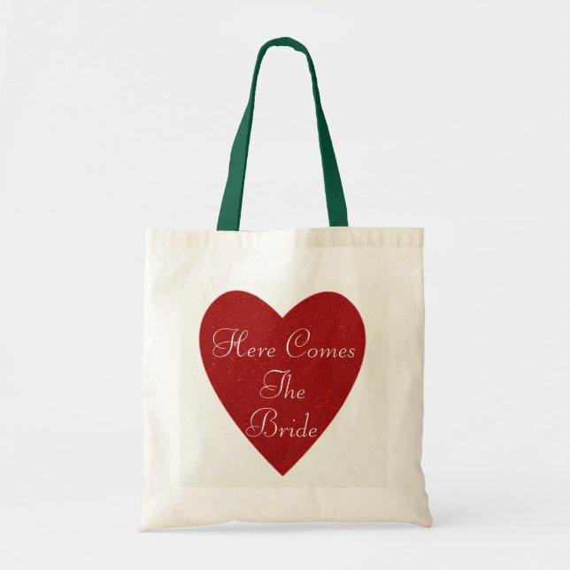 Red Glitter Heart Here Comes The Bride Tote Bag (Front)