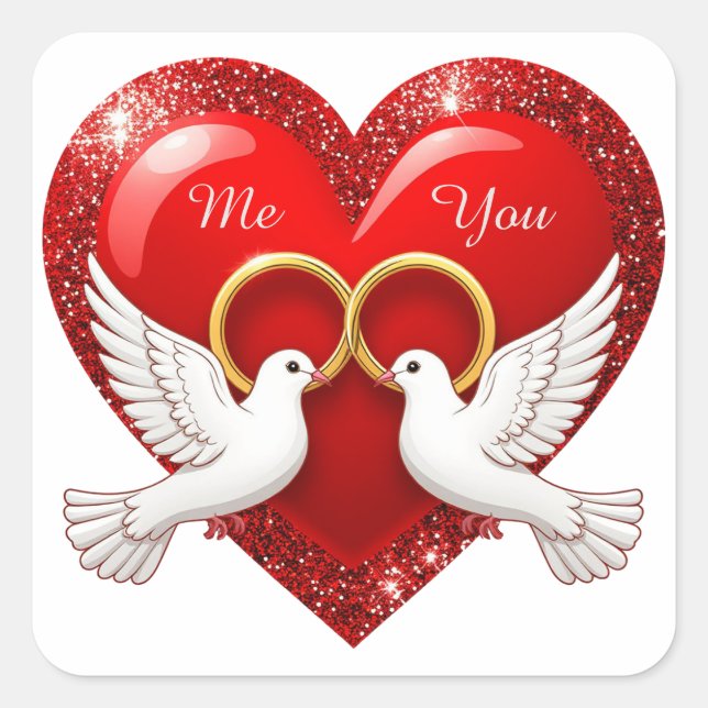 Red Glitter Heart With Interlocked Wedding Rings Square Sticker (Front)
