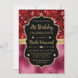 Red Glitter Hearts and Pink  Foil 21st Birthday Invitation